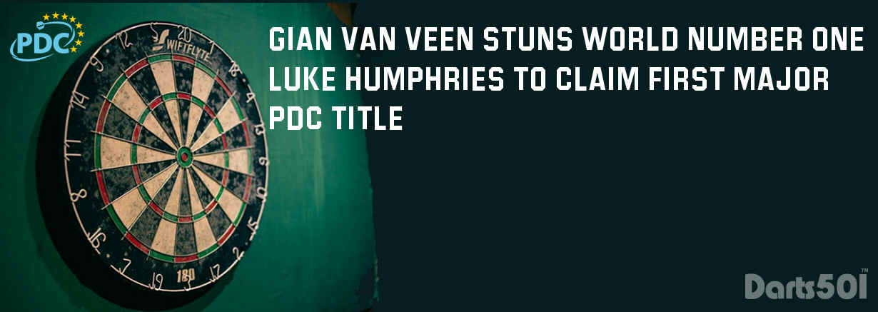 Gian van Veen Stuns World Number One Luke Humphries to Claim First Major PDC Title - Dartboard on a green wall background
